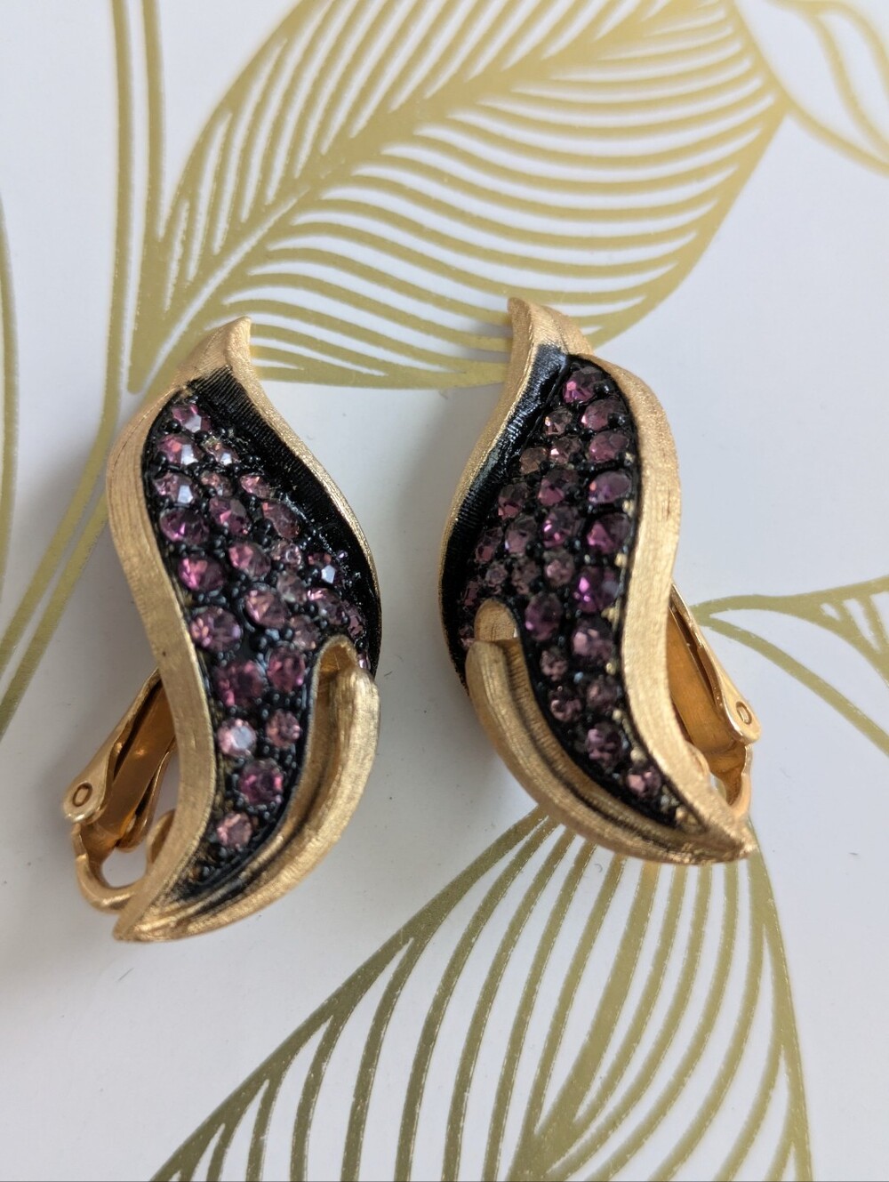 Vintage Floral Purple rhinestone Encrusted Clip On Earrings